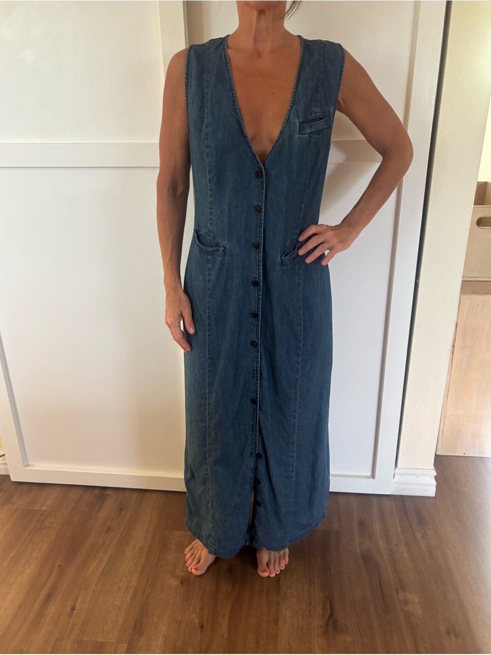 Free People Sleeveless Button-Front Denim Maxi Dress - Blue